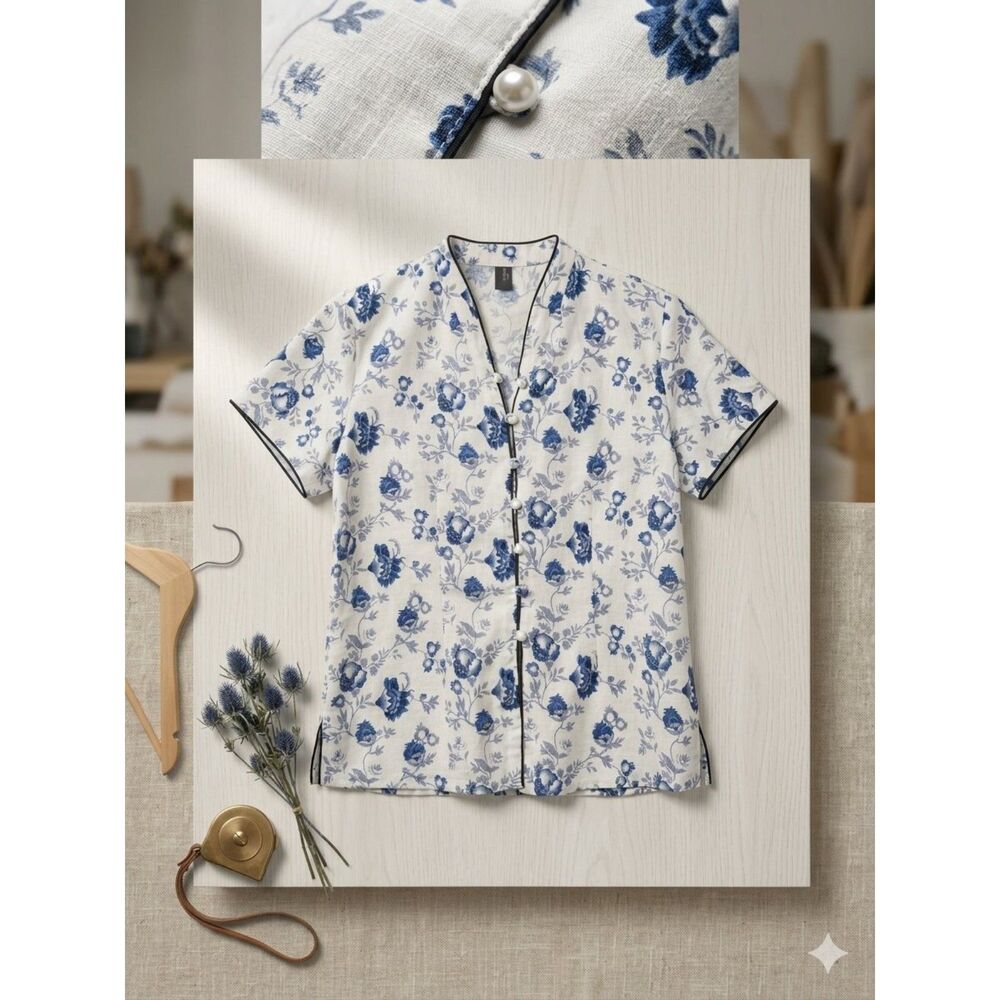 Size 4 Blue & White Chinoiserie Floral Frog-Button Mandarian Style Top